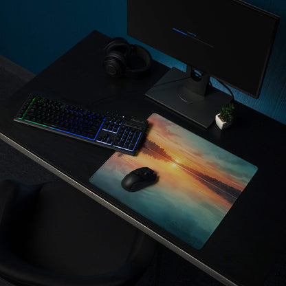 Vibrant lake sunset gaming mouse pad with non-slip backing