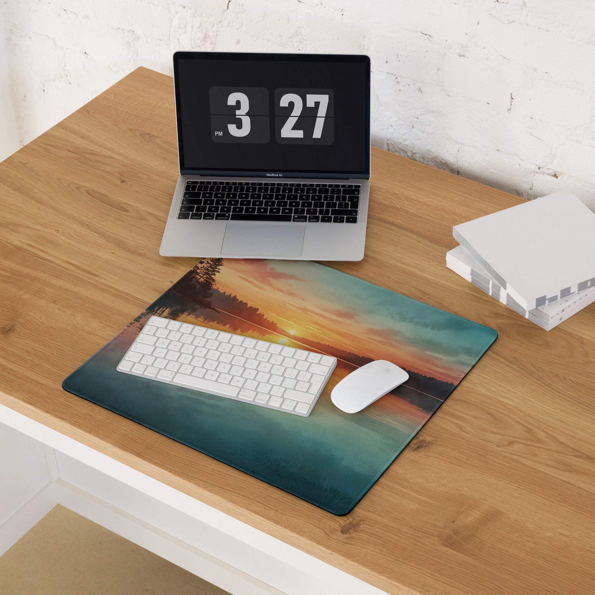 Vibrant lake sunset gaming mouse pad with orange teal hues and non-slip backing