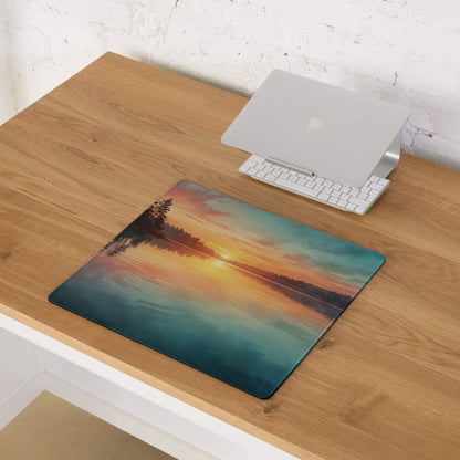 Vibrant lake sunset gaming mouse pad with orange yellow teal hues non-slip backing