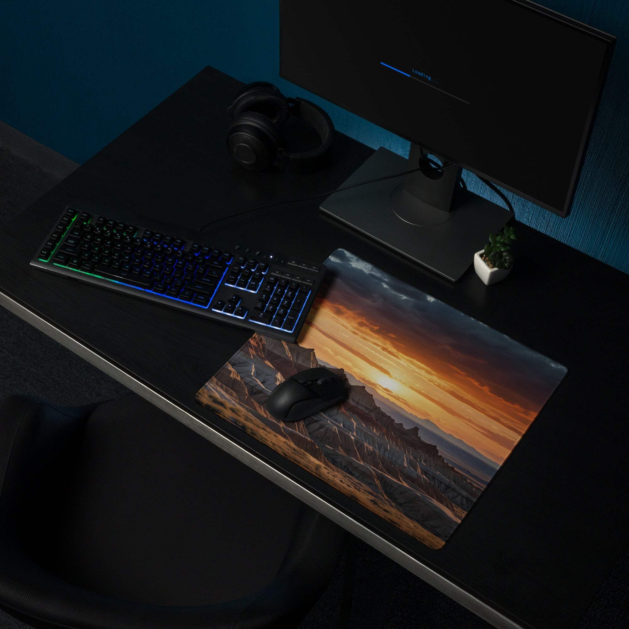 Desert Sunset large gaming mouse pad with vivid sunset over rocky terrain