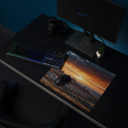 Desert Sunset large gaming mouse pad with vivid sunset over rocky terrain