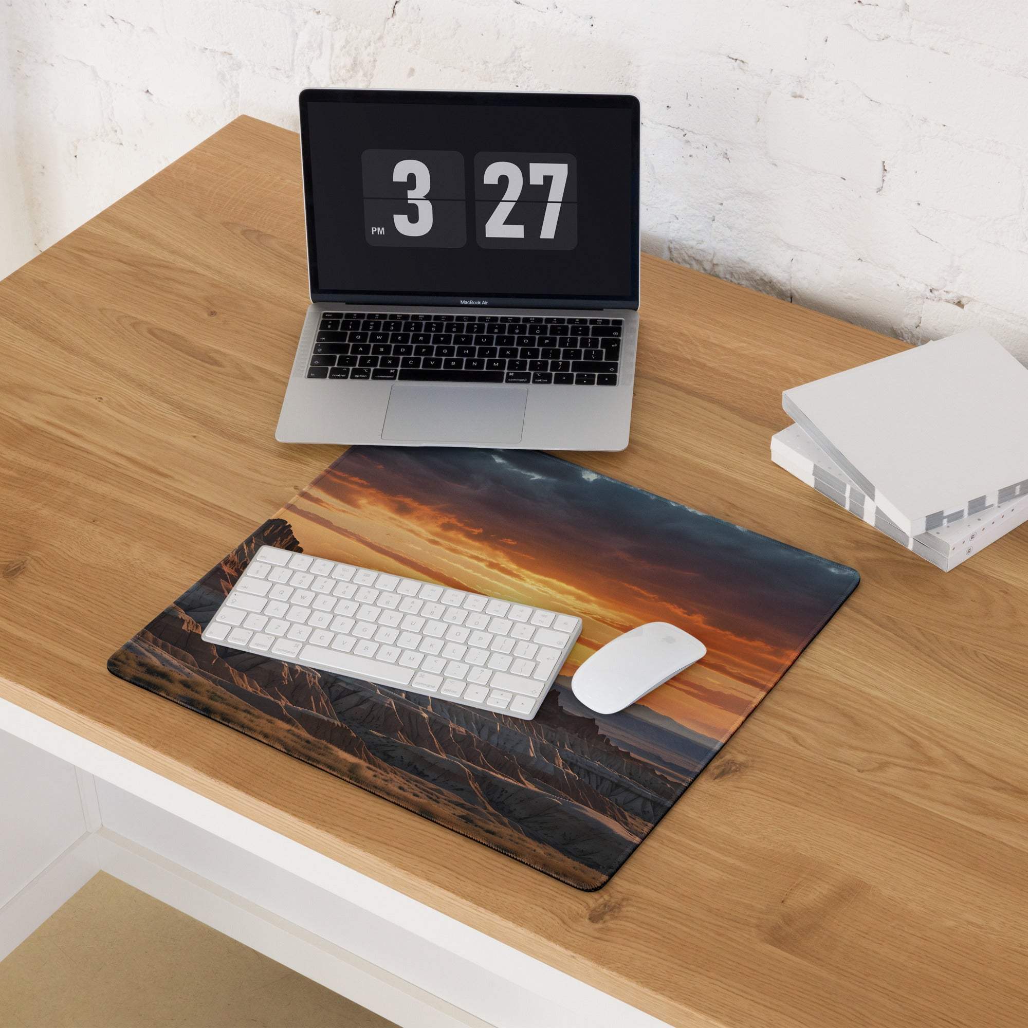 Desert Sunset large gaming mouse pad with canyon landscape and non-slip base