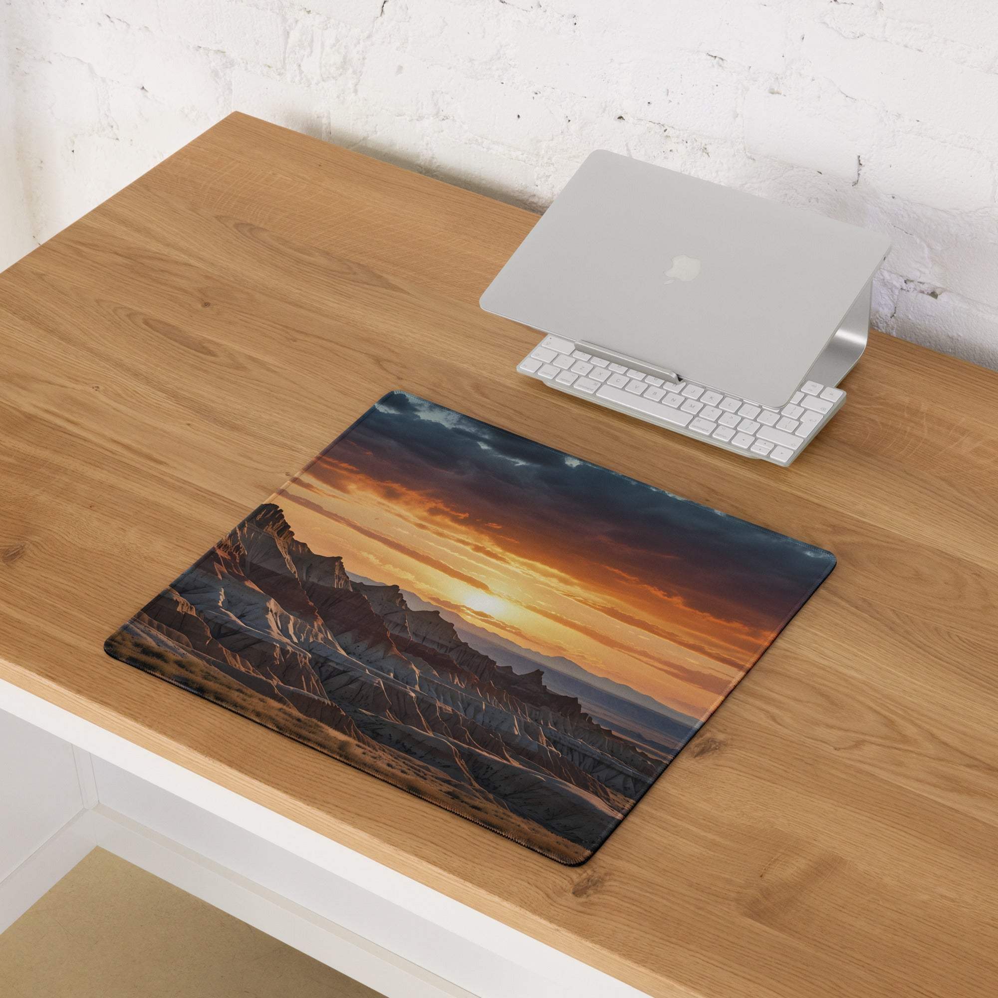 Desert Sunset large gaming mouse pad with vivid mountain sunset and non-slip base