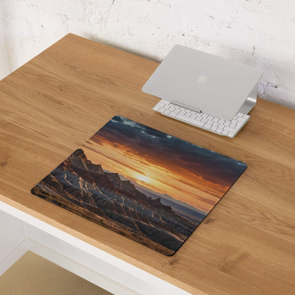 Desert Sunset large gaming mouse pad with vivid mountain sunset and non-slip base