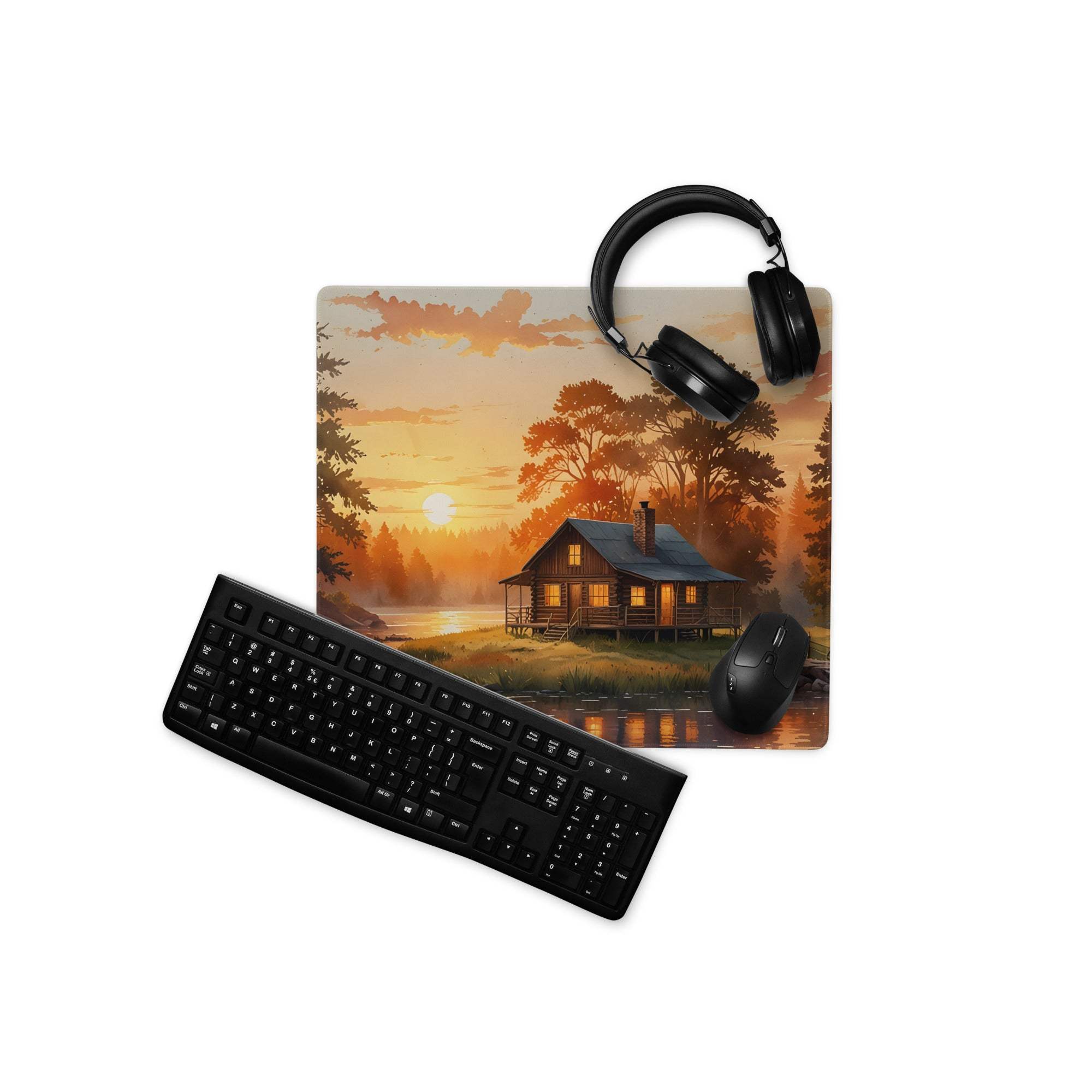 Serene sunset cabin landscape large gaming mouse pad with non-slip backing
