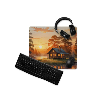 Serene sunset cabin landscape large gaming mouse pad with non-slip backing
