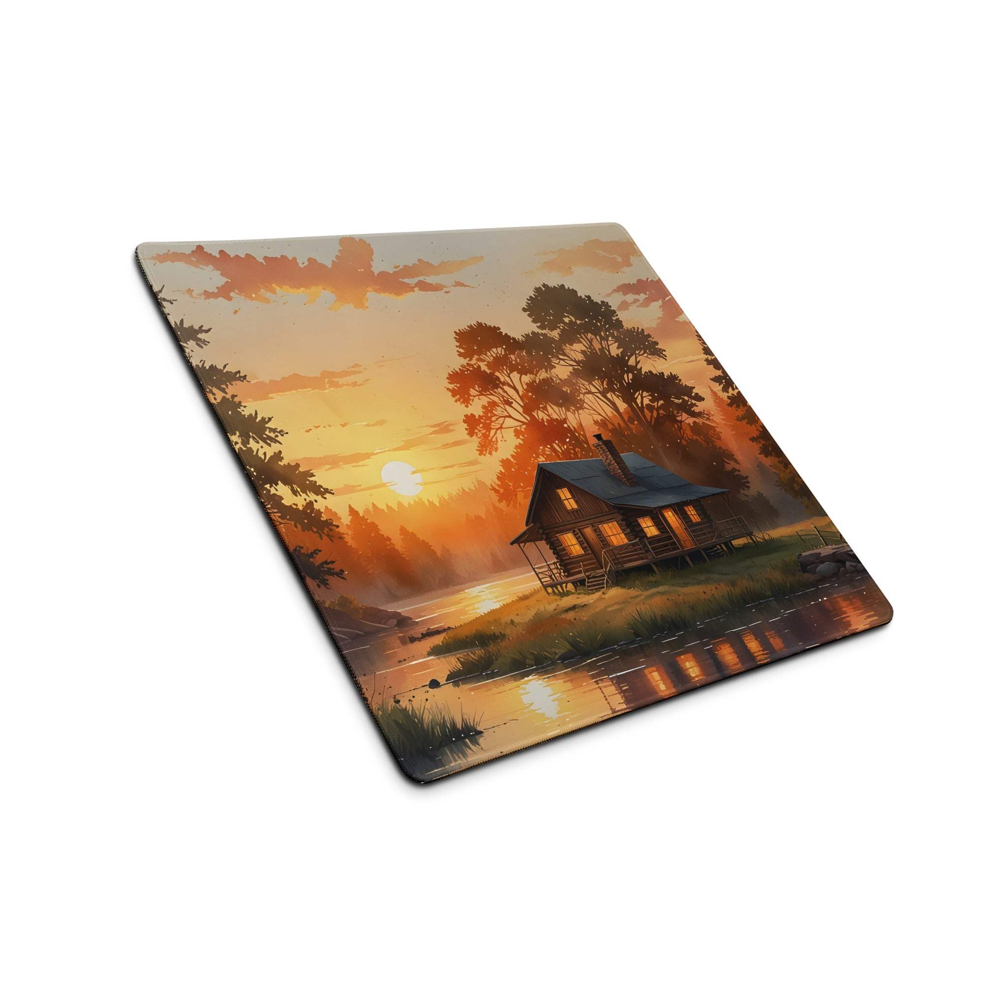 Large serene sunset cabin gaming mouse pad with non-slip backing