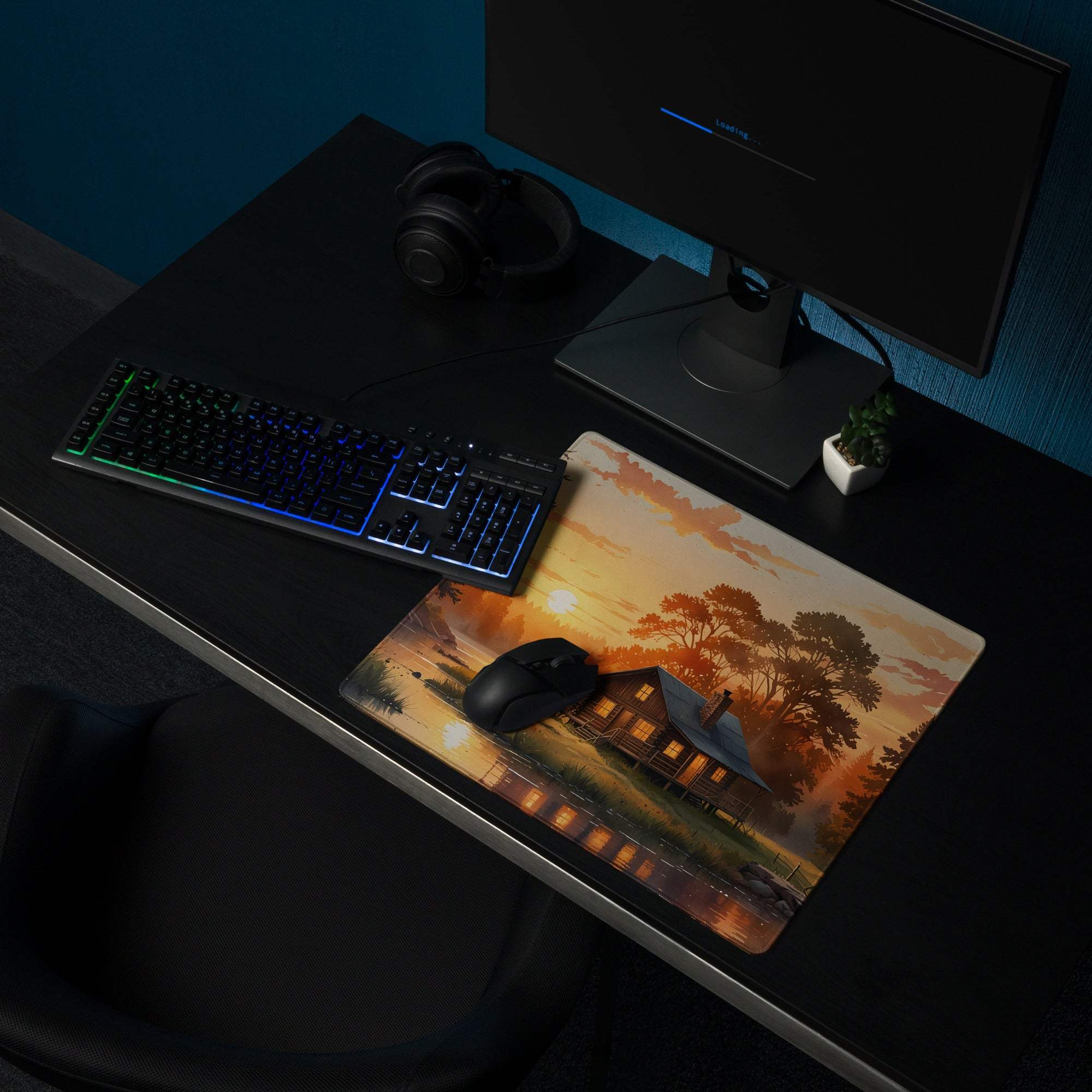 Serene sunset cabin gaming mouse pad with warm hues and non-slip backing