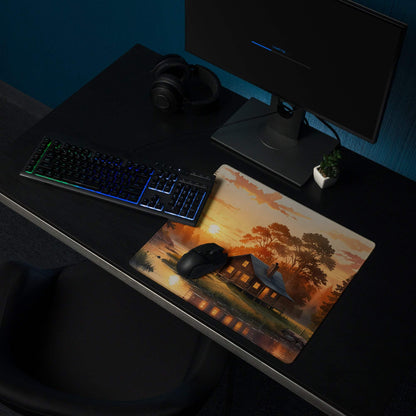 Serene sunset cabin gaming mouse pad with warm hues and non-slip backing