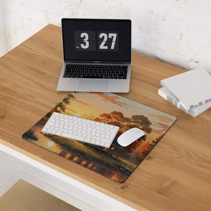 Large Serene Sunset Cabin gaming mouse pad with warm orange hues, silhouetted trees, reflective water, non-slip backing