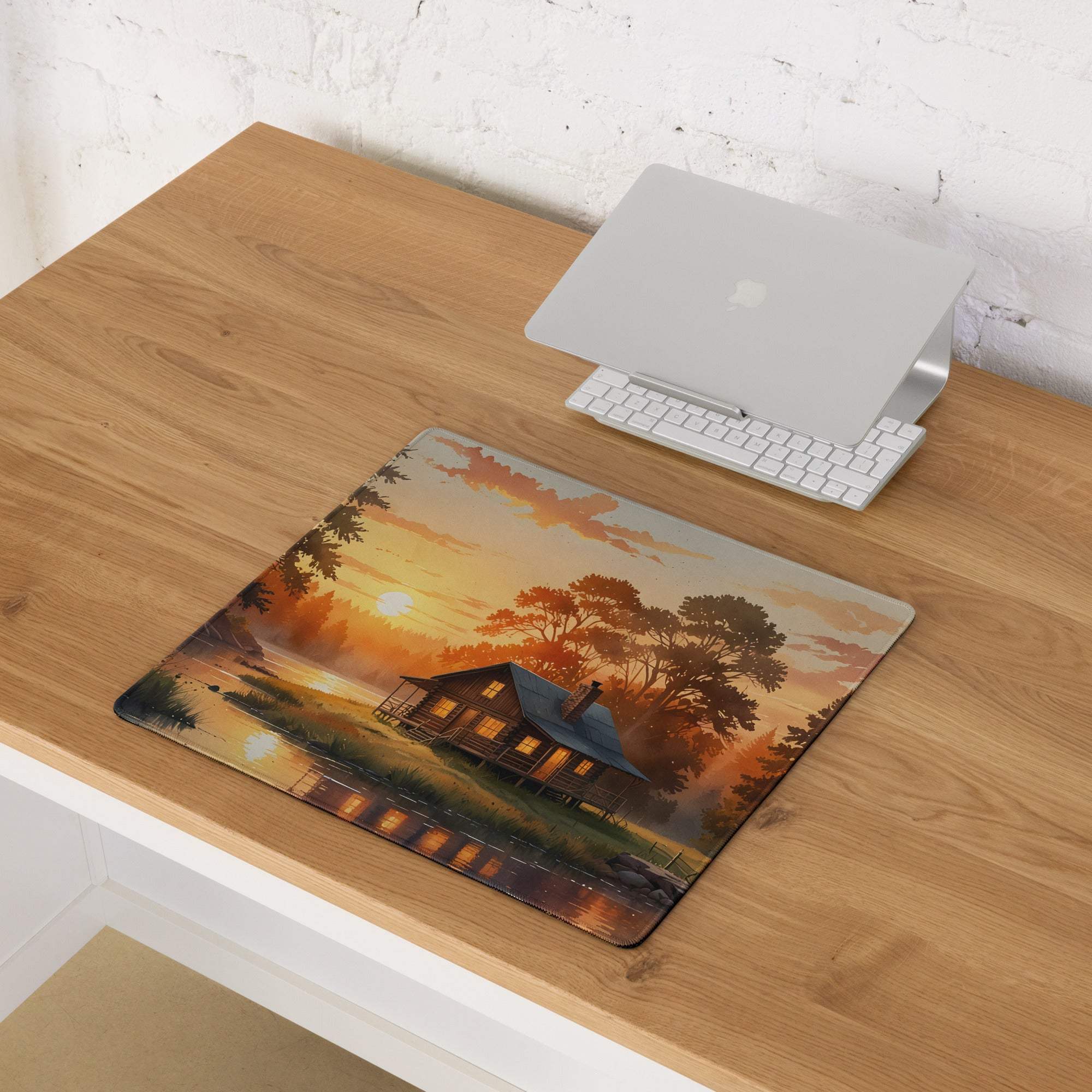 Large serene sunset cabin gaming mouse pad with non-slip backing