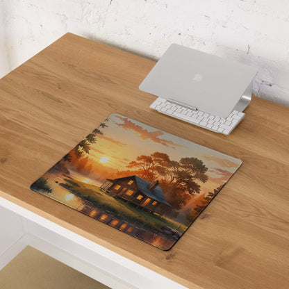Large serene sunset cabin gaming mouse pad with non-slip backing