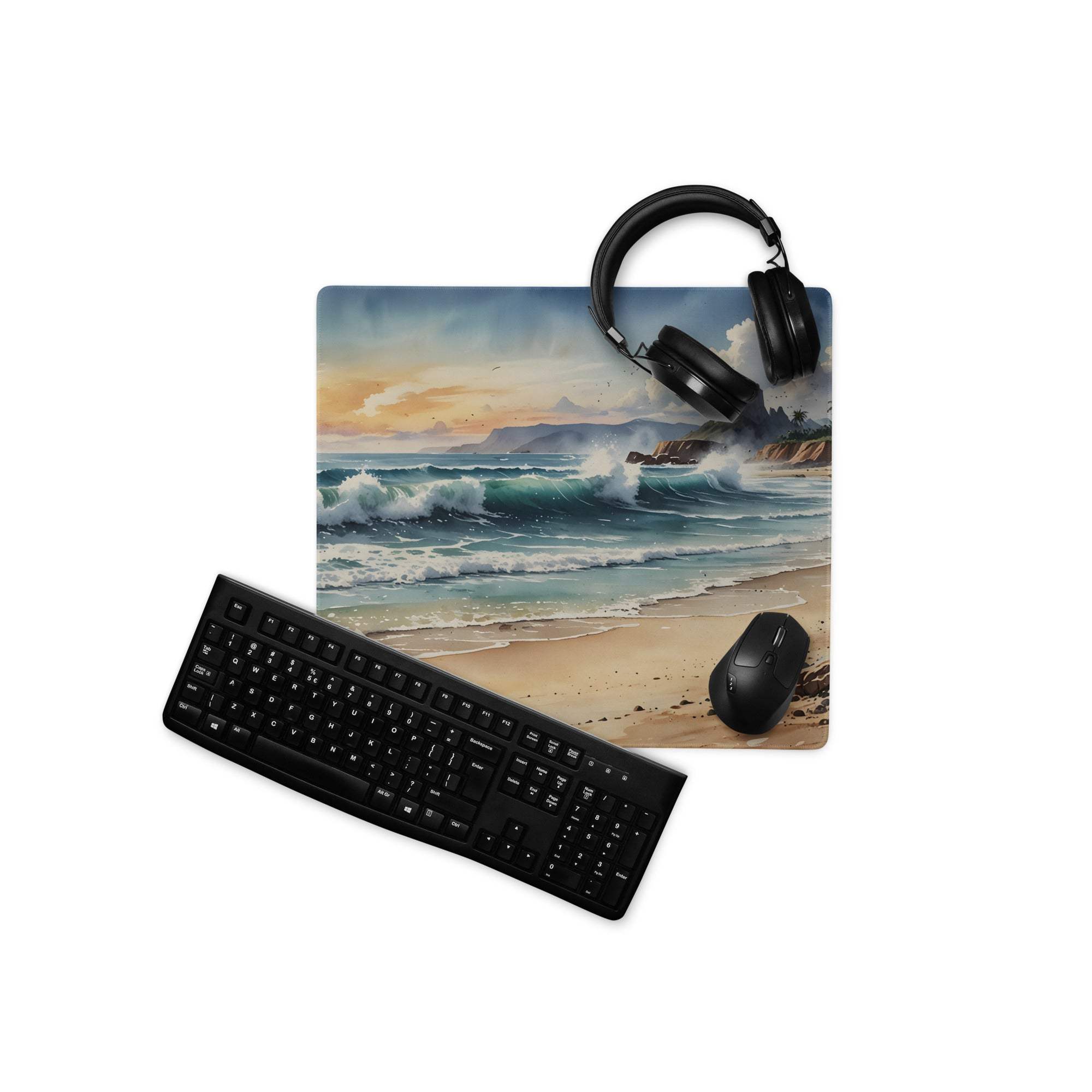 Vibrant ocean sunset watercolor gaming mouse pad with waves and cliffs
