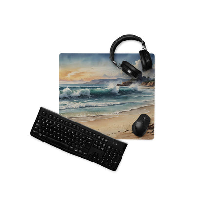 Vibrant ocean sunset watercolor gaming mouse pad with waves and cliffs