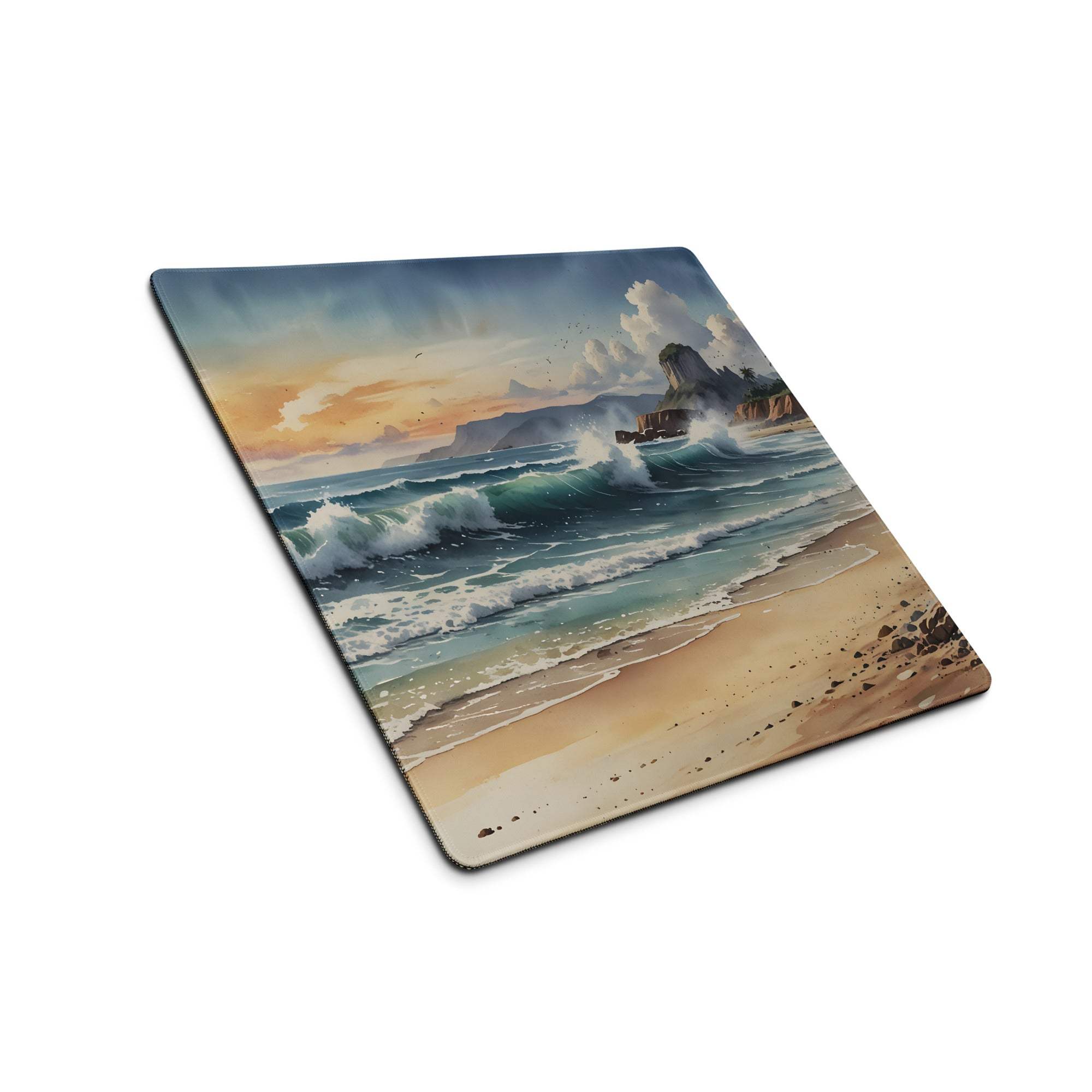 Square beach coaster on vibrant ocean sunset gaming mouse pad
