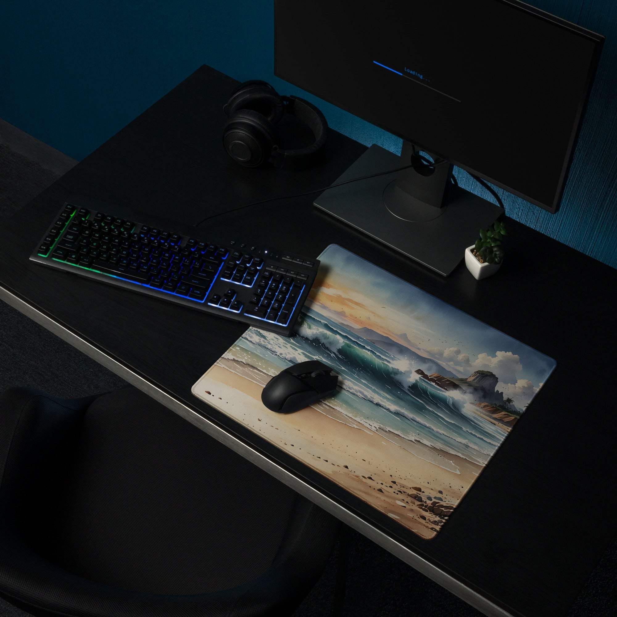 Vibrant ocean sunset gaming mouse pad with beach waves, non-slip backing