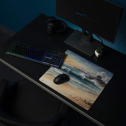 Vibrant ocean sunset gaming mouse pad with beach waves, non-slip backing