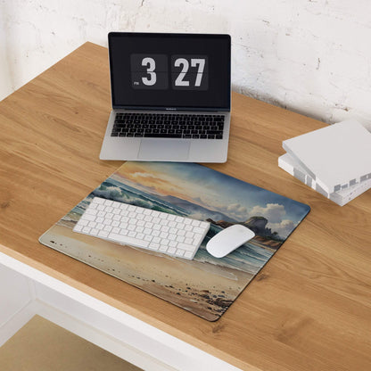 Vibrant ocean sunset beach scene gaming mouse pad with waves, sand, non-slip backing