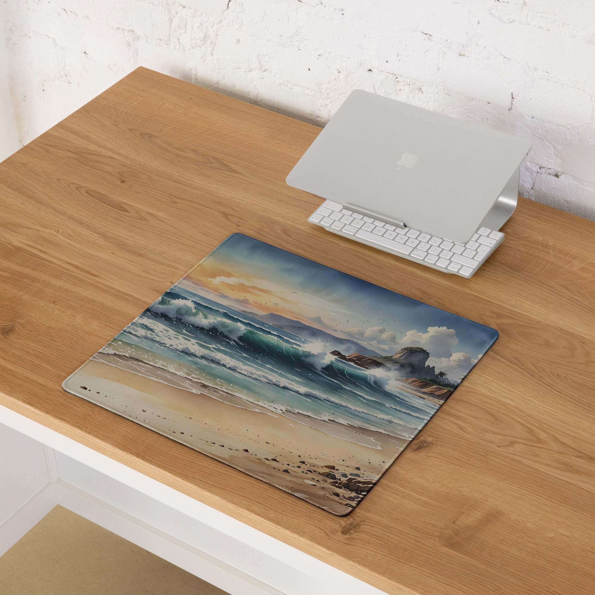 Vibrant beige teal ocean sunset gaming mouse pad with beach scene