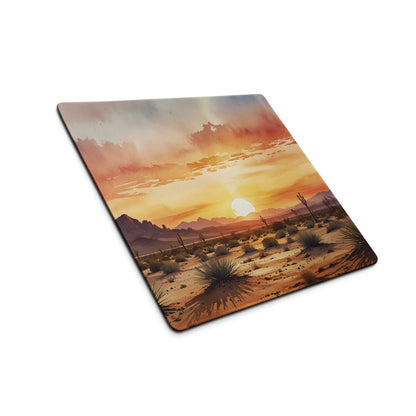 Desert Sunset Vibe large gaming mouse pad with orange hues, cacti, mountains, non-slip base