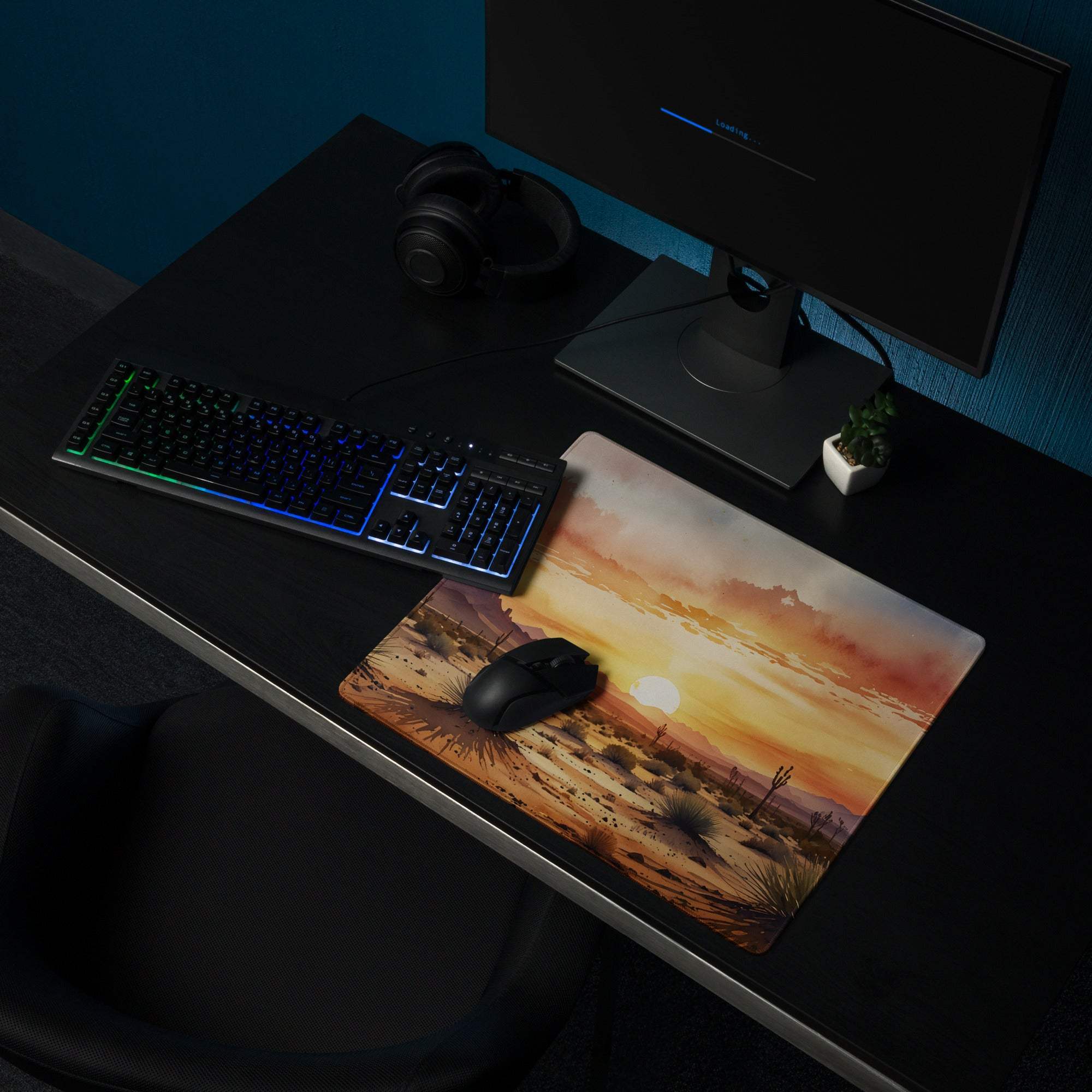 Desert Sunset Vibe large gaming mouse pad with orange hues, cacti, mountains, non-slip base