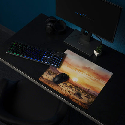 Desert Sunset Vibe large gaming mouse pad with orange hues, cacti, mountains, non-slip base