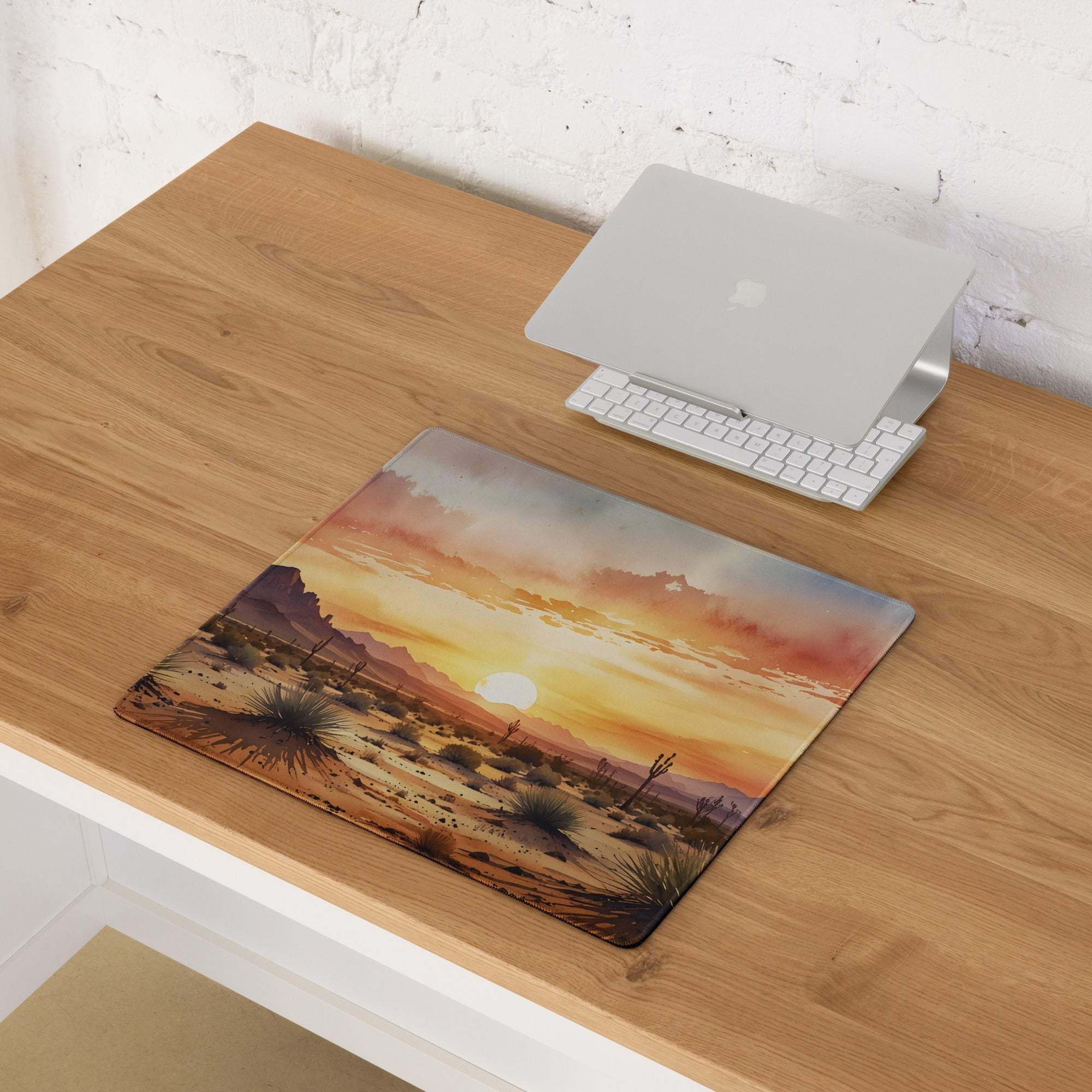 Desert Sunset Vibe large gaming mouse pad with cacti landscape and non-slip base