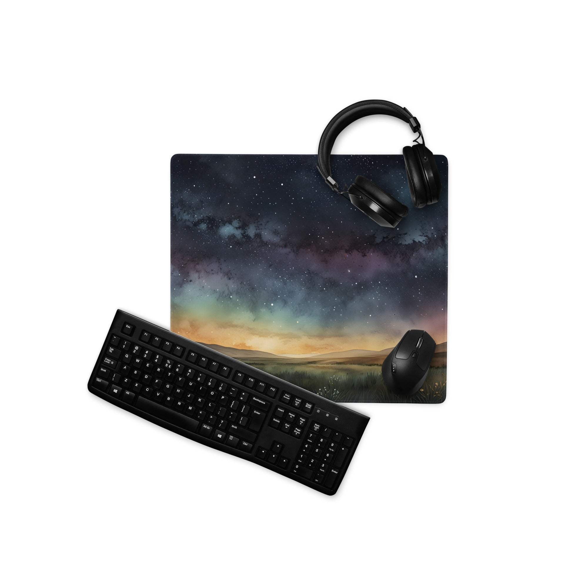 Black keyboard, mouse on starry night sky aurora gaming mouse pad with headphones