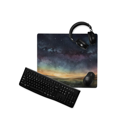 Black keyboard, mouse on starry night sky aurora gaming mouse pad with headphones