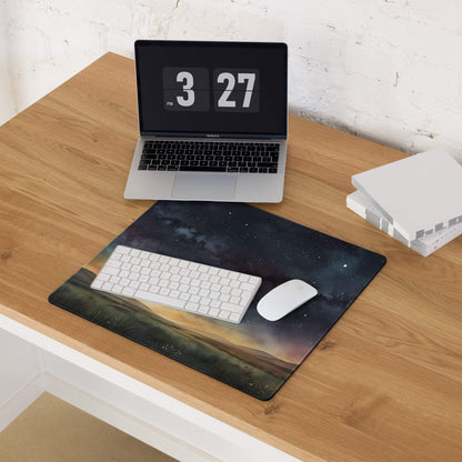 Atmospheric night sky gaming mouse pad with starry aurora landscape