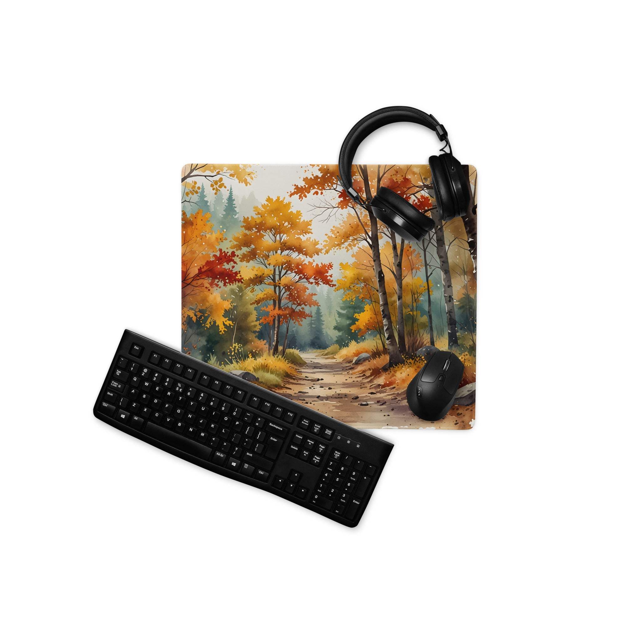 Black matte keyboard on Autumn Forest gaming mouse pad