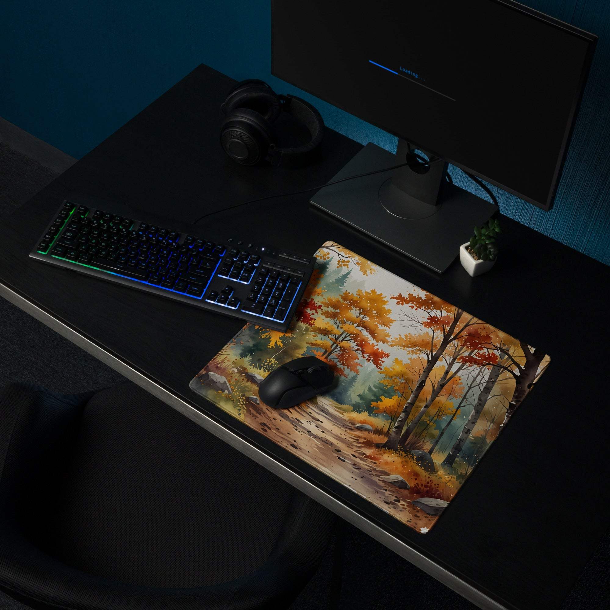 Autumn forest large gaming mouse pad with vibrant leaves path non-slip base