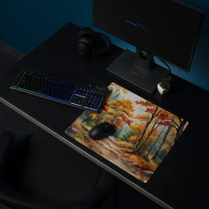 Autumn forest large gaming mouse pad with vibrant leaves path non-slip base