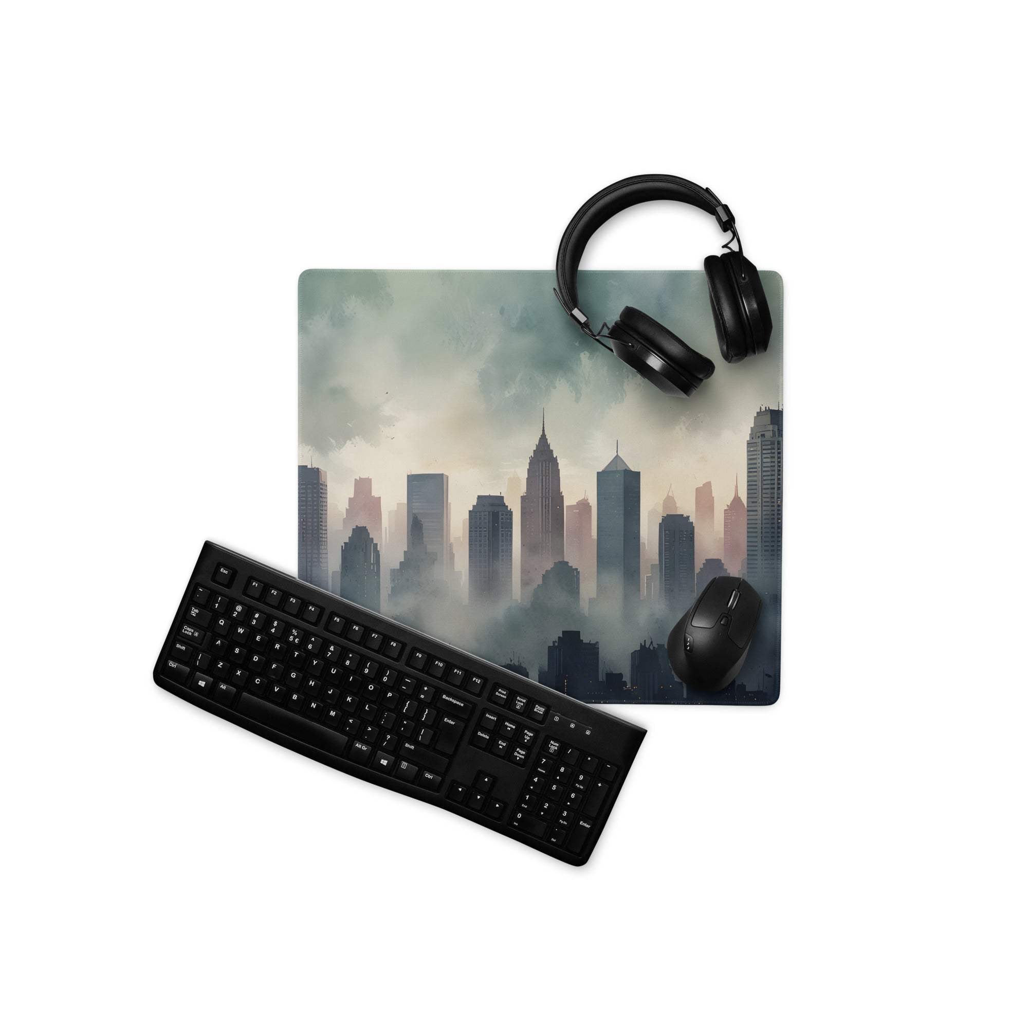 Black matte qwerty keyboard on white surface near epic moody urban gaming mouse pad