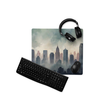 Black matte qwerty keyboard on white surface near epic moody urban gaming mouse pad