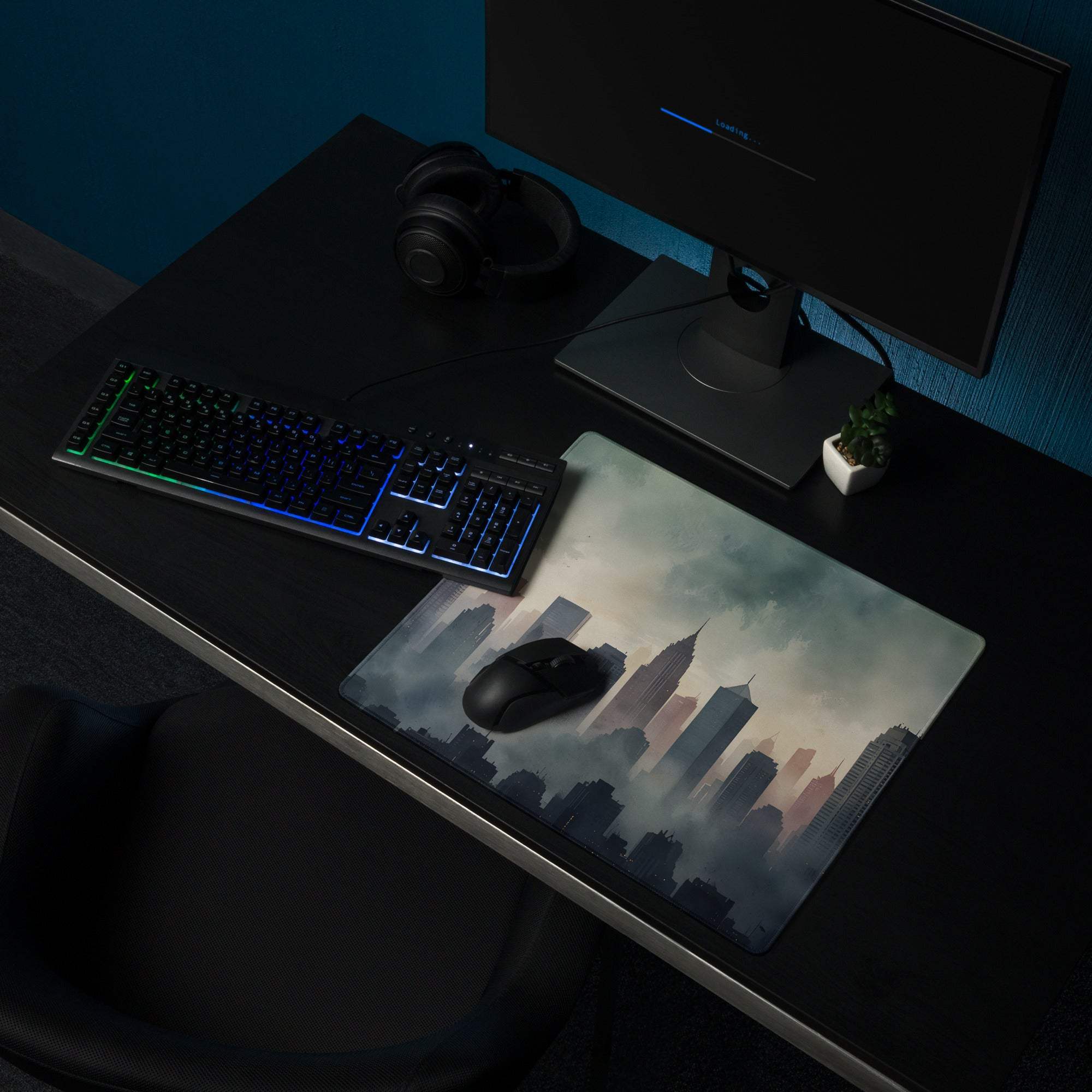 Epic moody urban skyline large gaming mouse pad with non-slip base