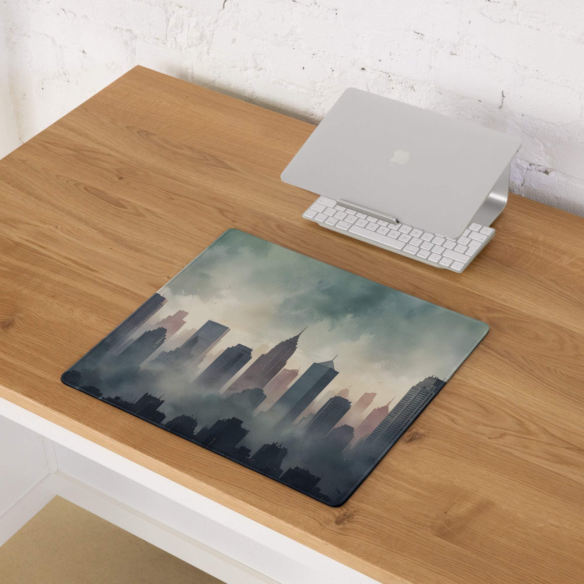 Large epic moody urban skyline gaming mouse pad with misty city design