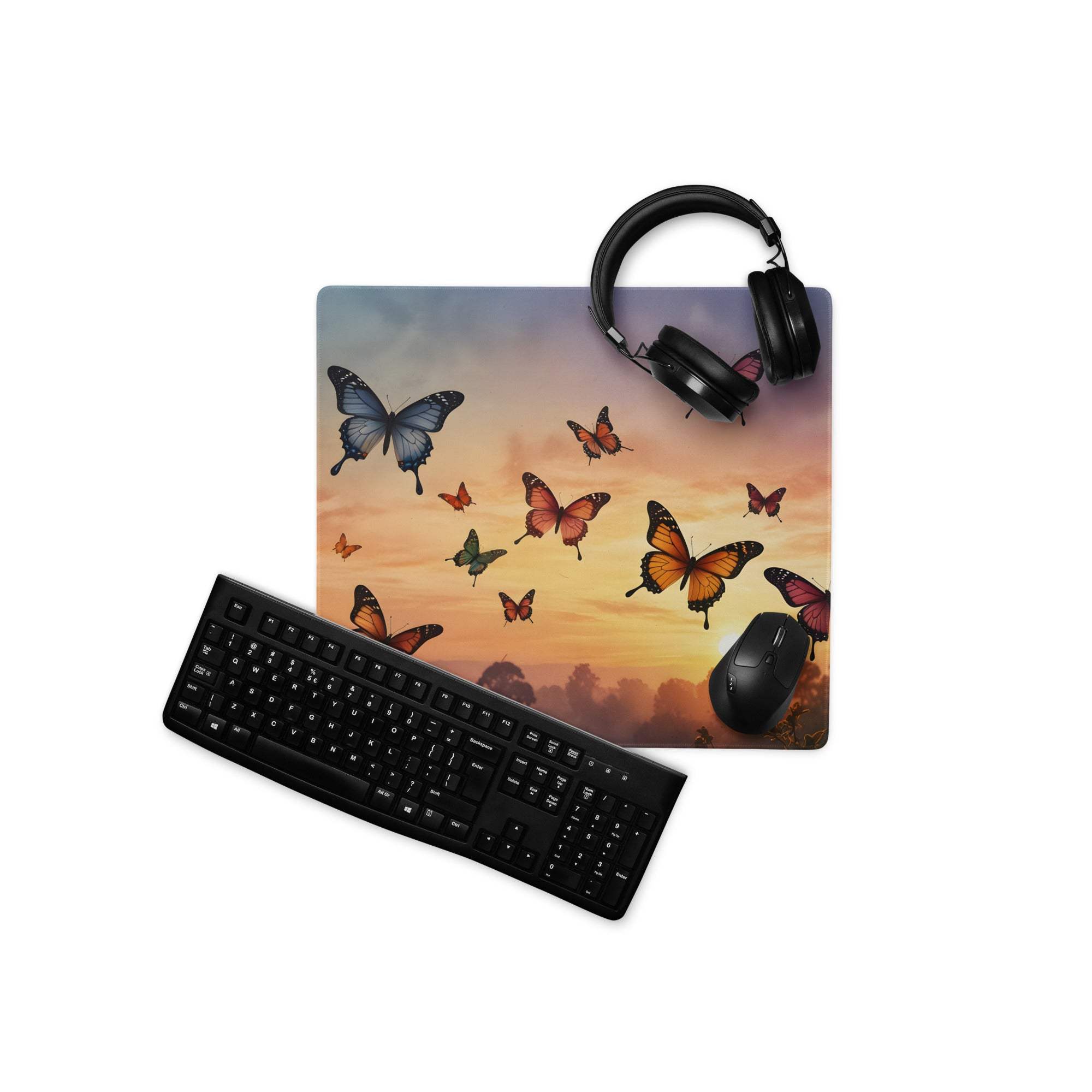 Sunset butterflies gaming mouse pad with vibrant butterfly design