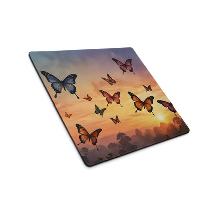 Square Sunset Butterflies glass mousepad with vibrant orange pink blue scene