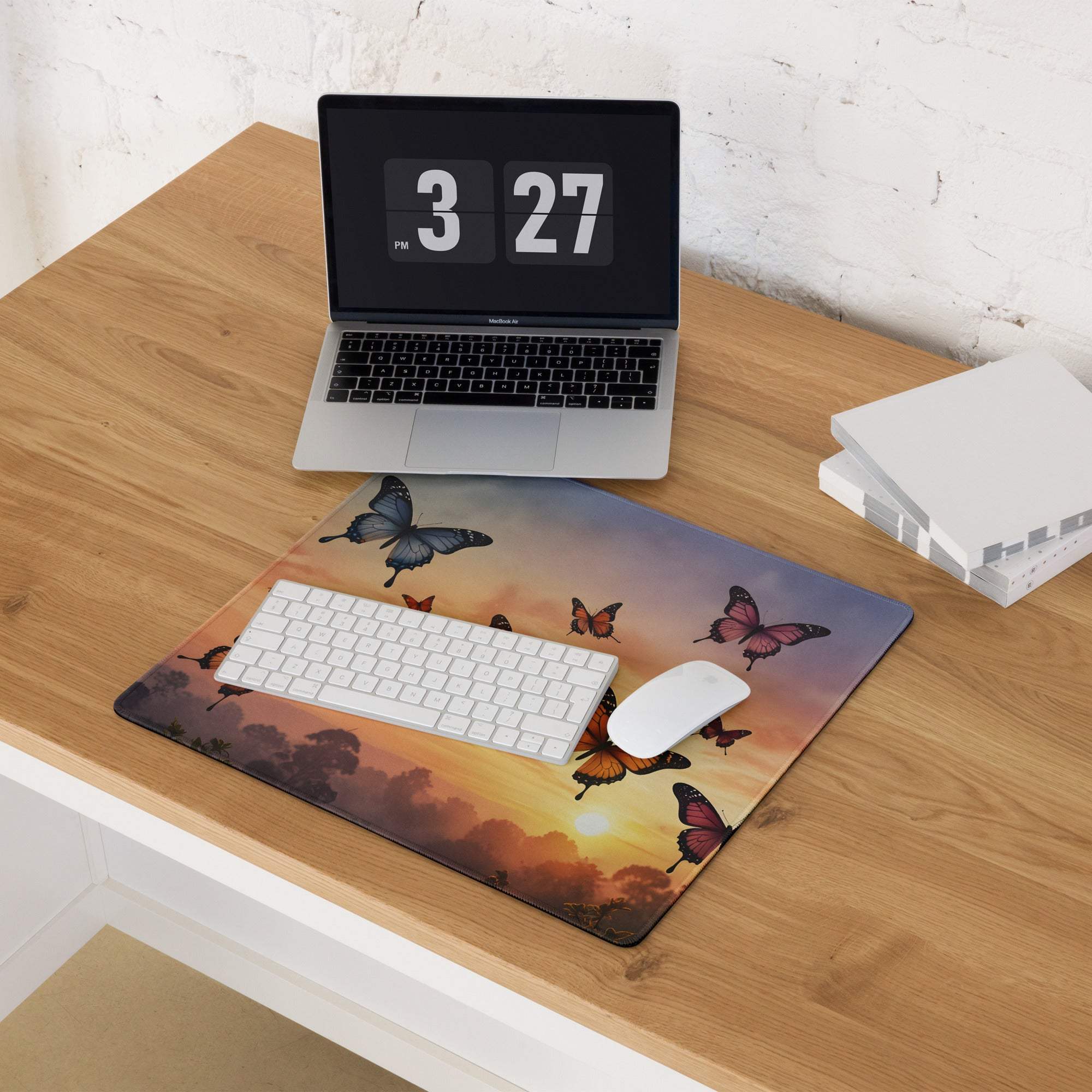 Sunset butterflies gaming mouse pad with vibrant purple orange black design