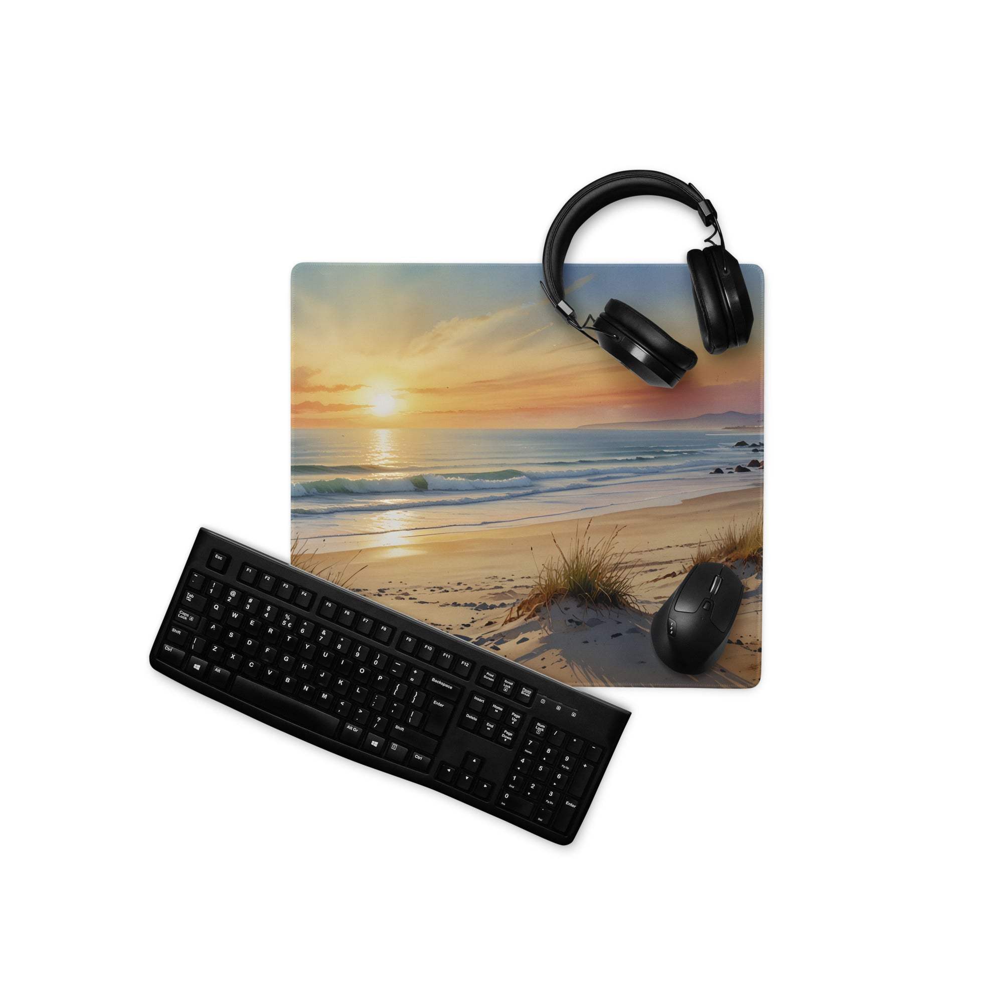 Coastal Sunset beach gaming mouse pad with waves, dunes, non-slip backing