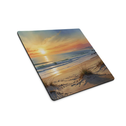 Coastal sunset beach gaming mouse pad with beige orange scene, non-slip backing