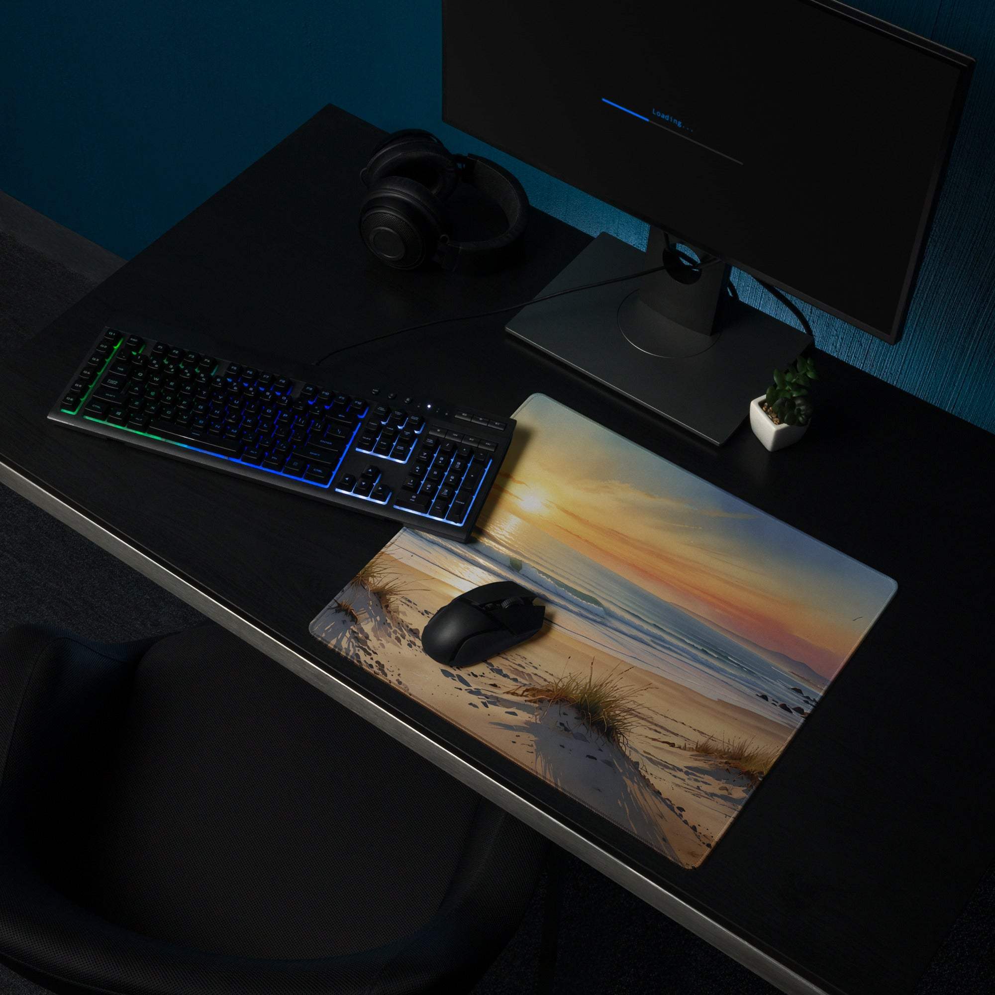 Coastal sunset beach gaming mouse pad with orange hues, dunes, waves, non-slip backing