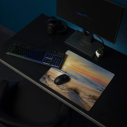 Coastal sunset beach gaming mouse pad with orange hues, dunes, waves, non-slip backing