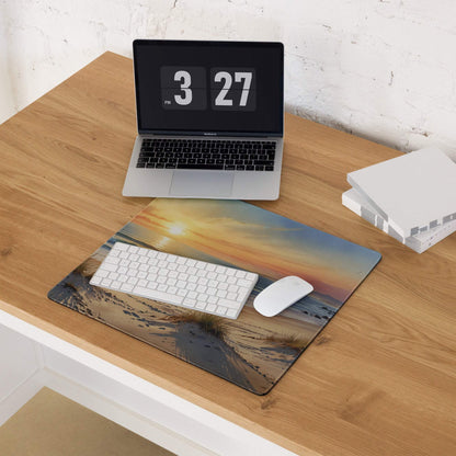 Coastal sunset beach gaming mouse pad with dunes, waves, non-slip backing