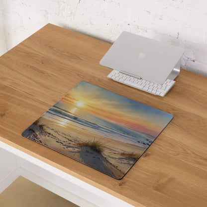 Coastal sunset beach gaming mouse pad with ocean waves and non-slip backing