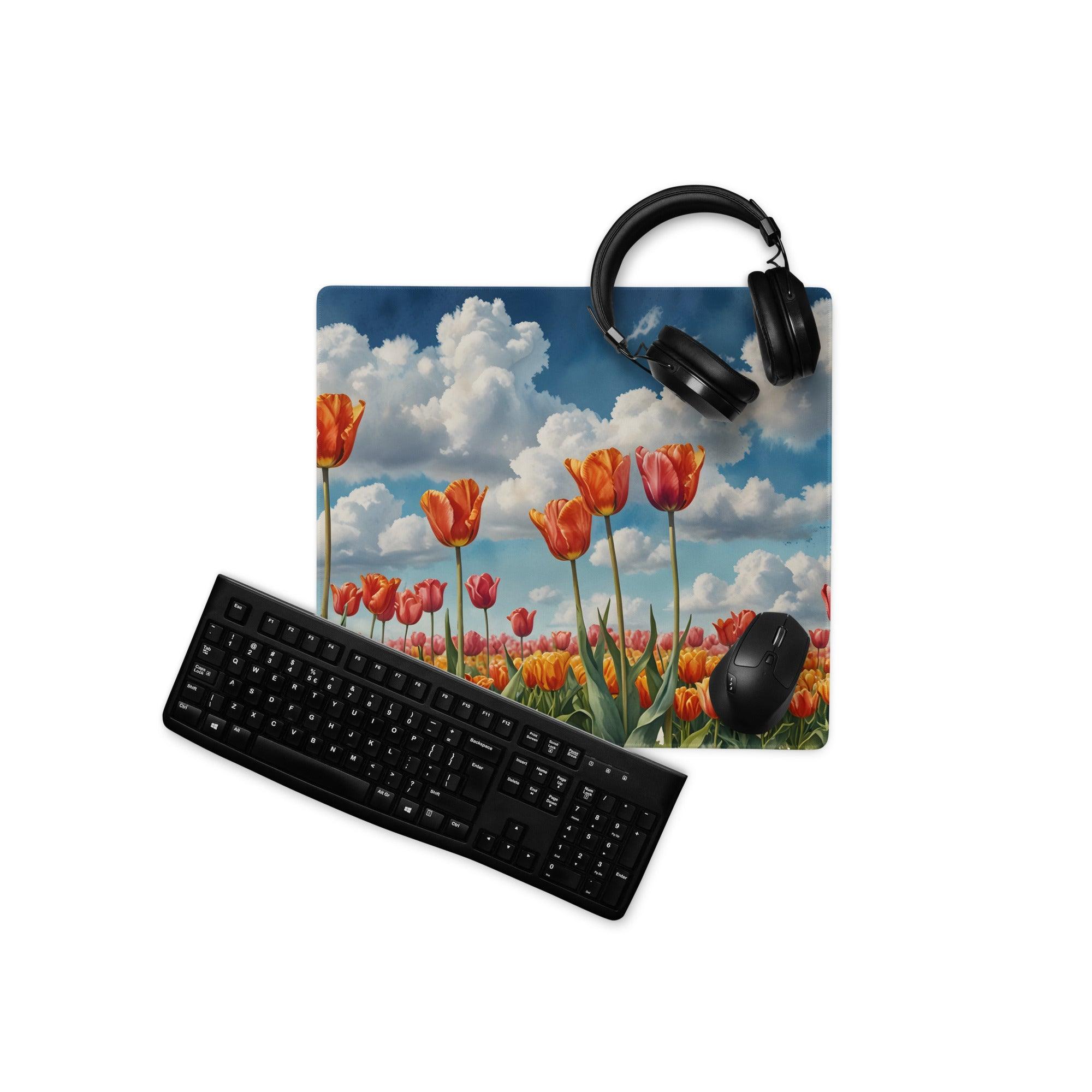 Black keyboard and mouse on vibrant HD tulip field gaming mouse pad