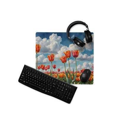 Black keyboard and mouse on vibrant HD tulip field gaming mouse pad
