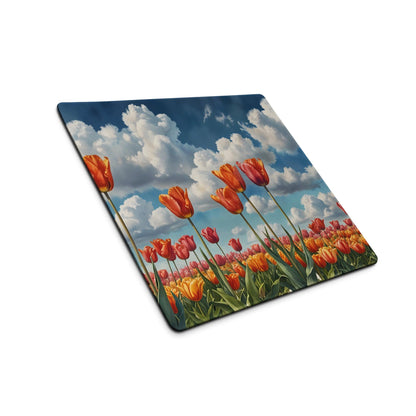 Vibrant orange pink tulip field mouse pad with blue sky clouds