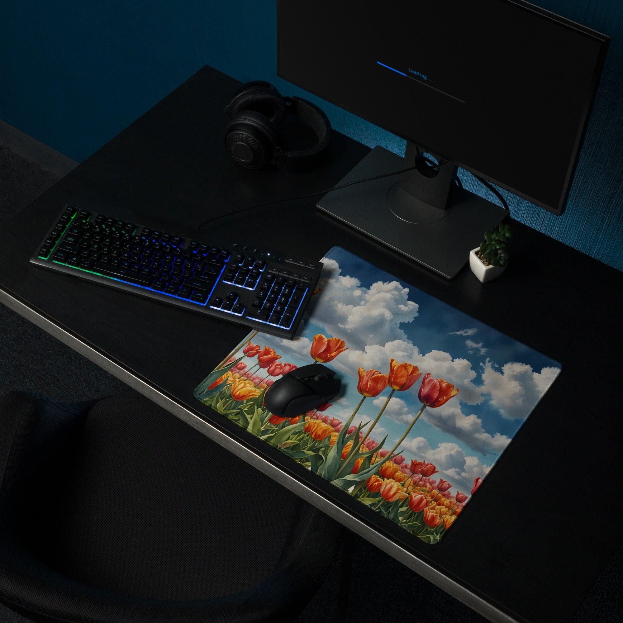 Vibrant HD tulip field mouse pad with orange blooms, tall stems, bright sky
